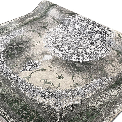 Rug 170x240 cm with a large medallion and dense ornamental pattern in gray and green