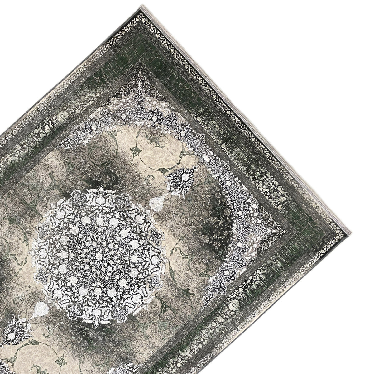 Forest Spirit rug 170x240 cm with diagonal view: dark green border, cream patterned areas