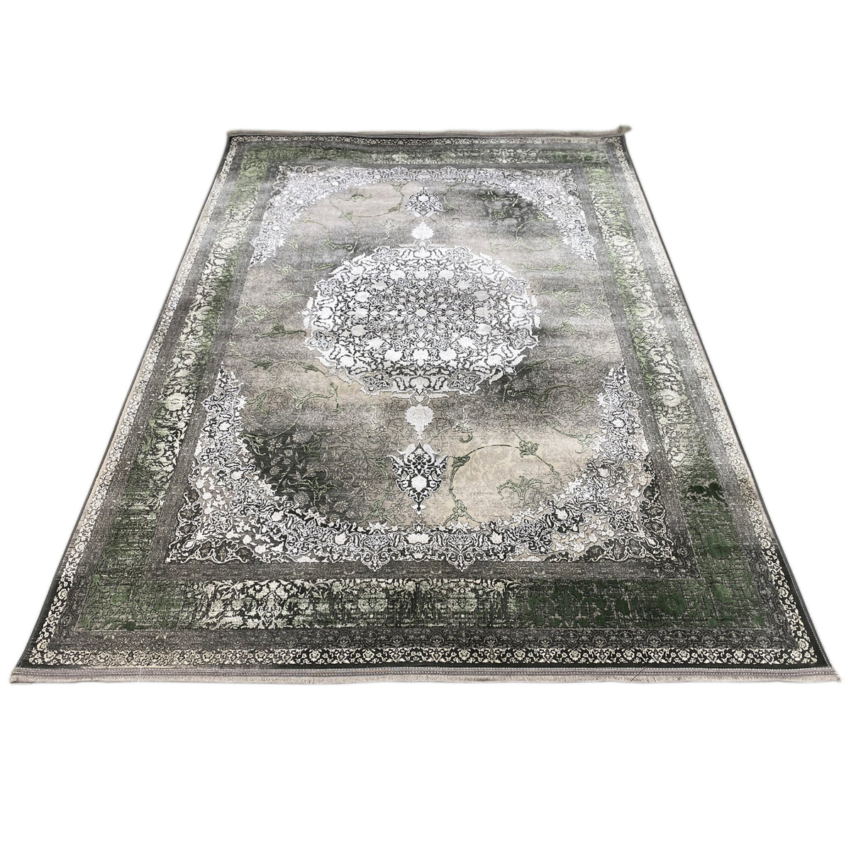 Forest spirit rug 170x240 cm, front view: ornamental central pattern in cream, dark outer border