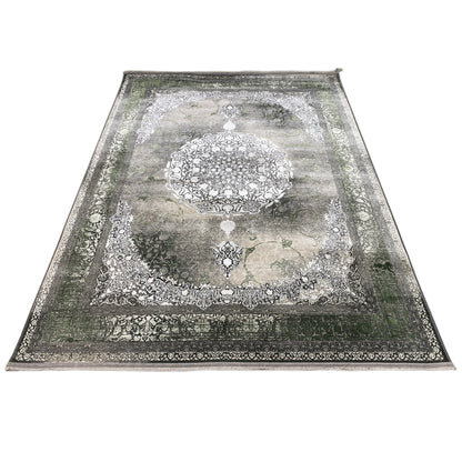 Forest spirit rug 170x240 cm, front view: ornamental central pattern in cream, dark outer border