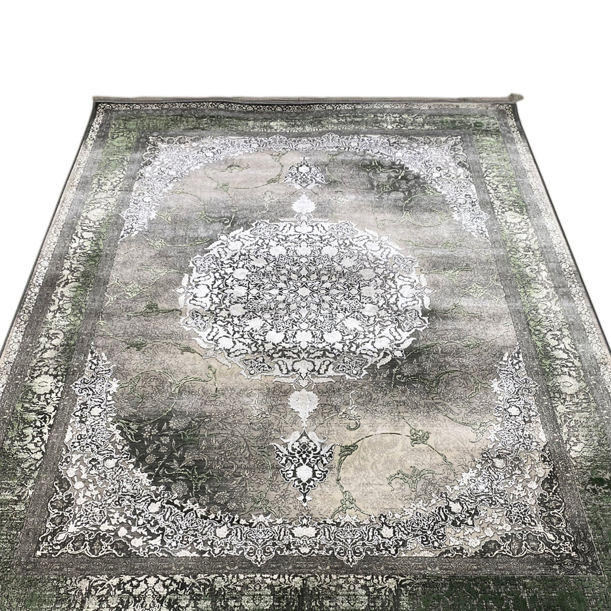 Forest spirit rug 170x240 cm close-up with border: muted greenish surface, light ornaments