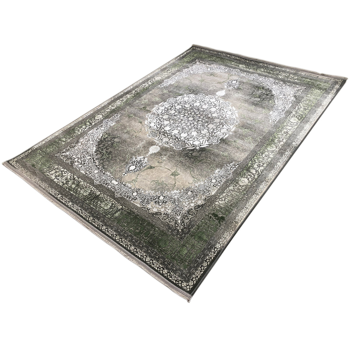 Forest spirit rug 170x240 cm, angled: cream medallion, dark green background, decorative edges