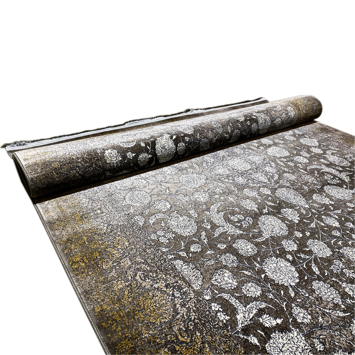 Rug “Eternal Autumn” 170x240 cm, rolled corner with floral ornaments in silver on gray