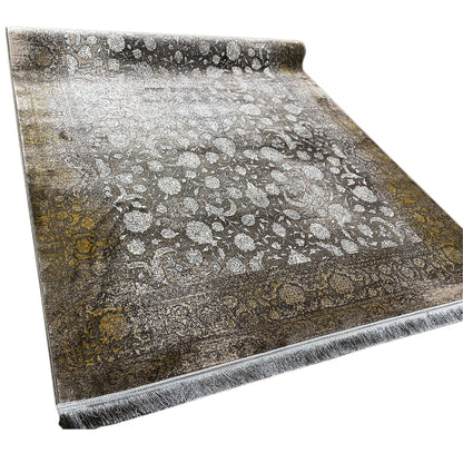 Rug 170x240 cm, floral ornamental pattern in gray/silver with a dark border, fringes