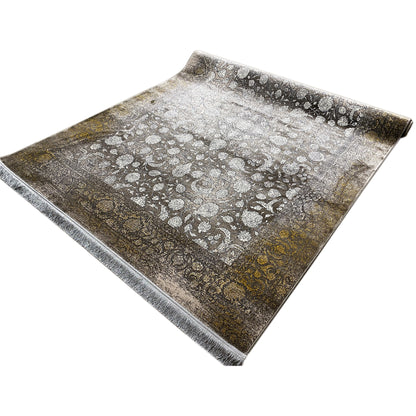 Rug 170x240 cm, floral ornamental pattern in gray/silver with golden-brown accents, fringed edge