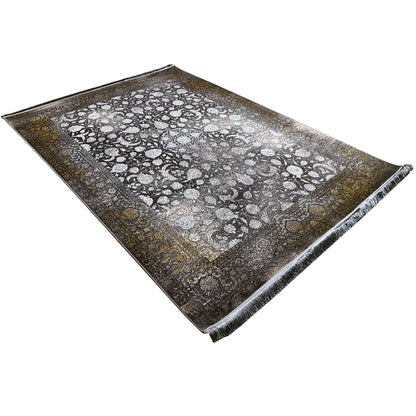“Eternal Autumn” rug, 170x240 cm, diagonal view with floral ornaments in silver and dark gray
