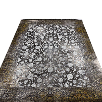 Rug “Eternal Autumn” 170x240 cm, front view: dense floral ornament in silver on gray