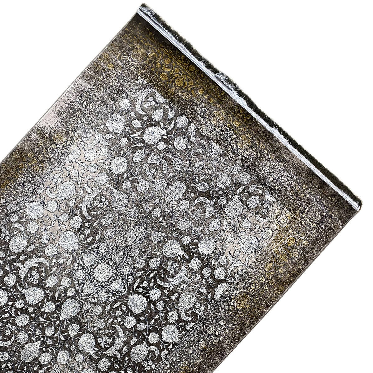 Rug 170x240 cm, bound edge with fringes, floral pattern in gray/silver