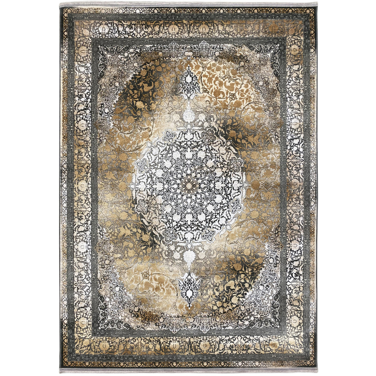 Rectangular rug with an ornamental design in gold, silver, and dark gray tones, with a border.
