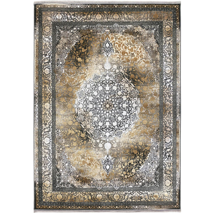 Rectangular rug with an ornamental design in gold, silver, and dark gray tones, with a border.