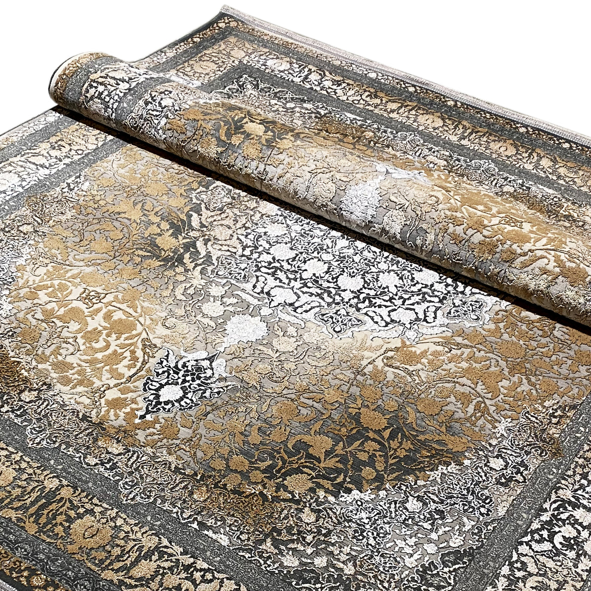 Rauchgold rug 170x240 cm, detail view, paisley and vine pattern in gold and gray