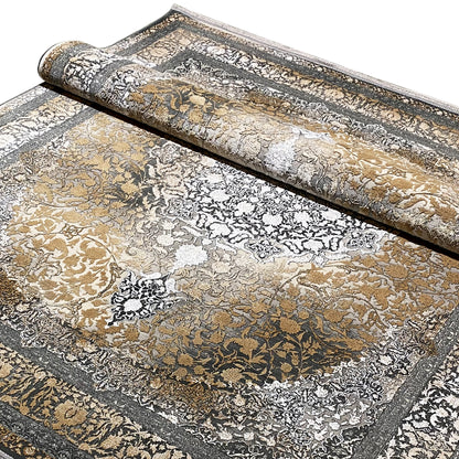 Rauchgold rug 170x240 cm, detail view, paisley and vine pattern in gold and gray