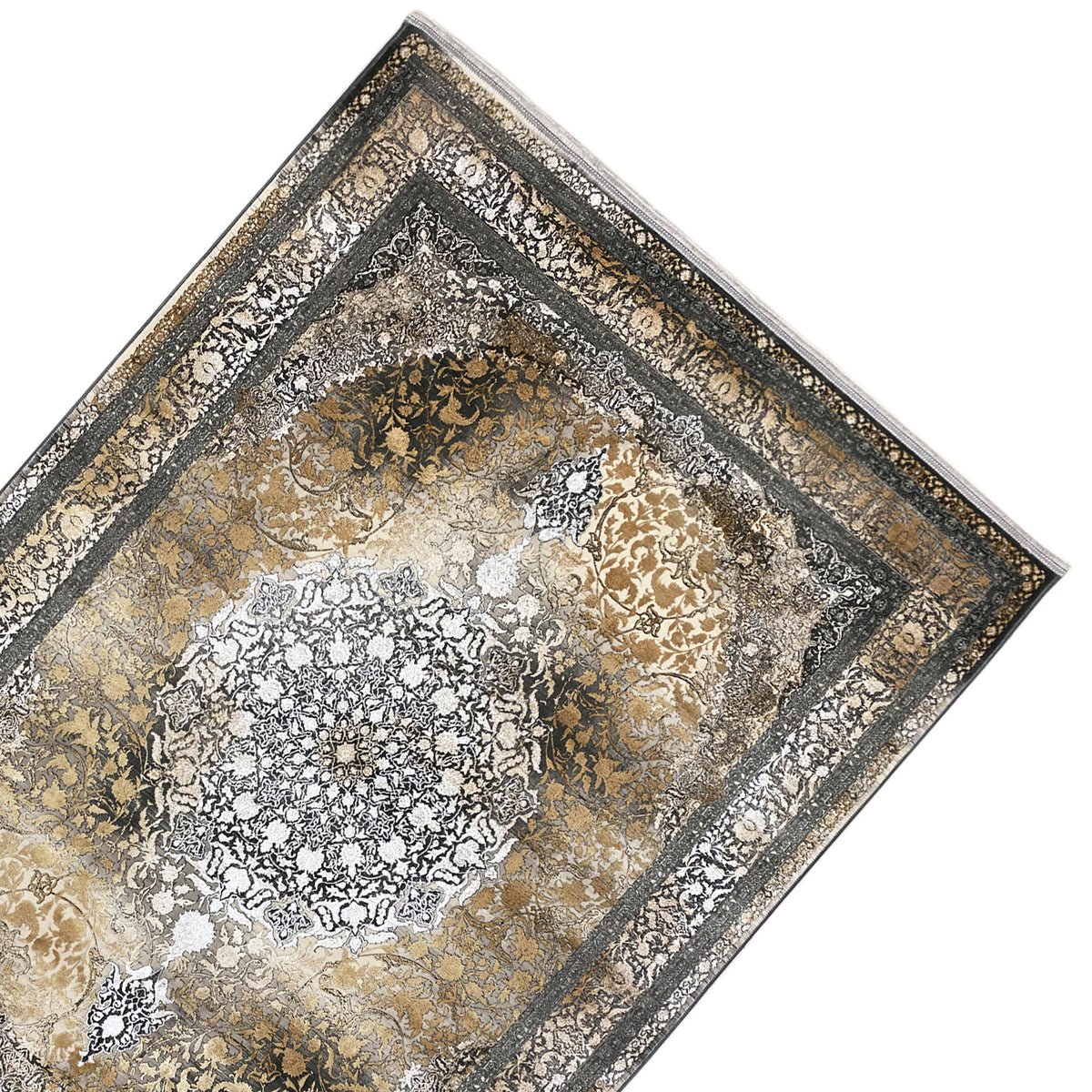 Rectangular rug with a patterned central motif and decorative gold/silver border.