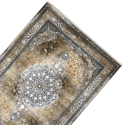 Rectangular rug with a patterned central motif and decorative gold/silver border.