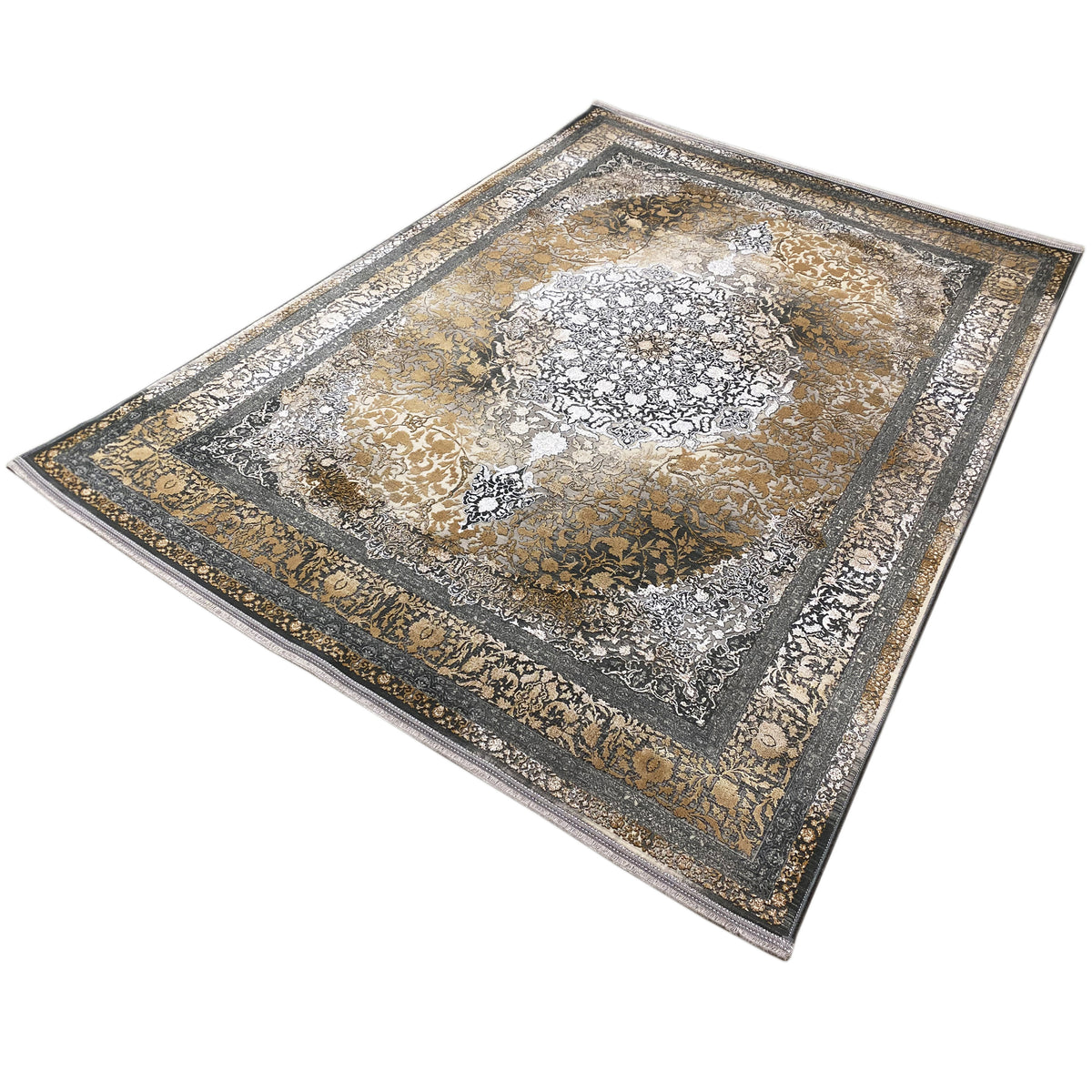 Rectangular rug with a central ornamental medallion and a surrounding border in gold and silver.