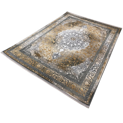 Rectangular rug with a central ornamental medallion and a surrounding border in gold and silver.