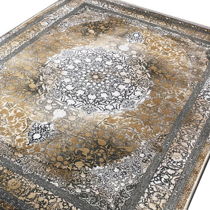 Close-up of the rug: delicate ornamental pattern in cream, gold, silver, and dark gray.