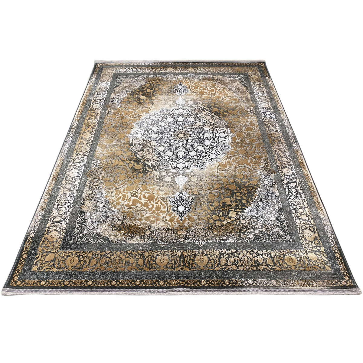 Rectangular rug with a medallion design in the center and a dotted border around the edge.