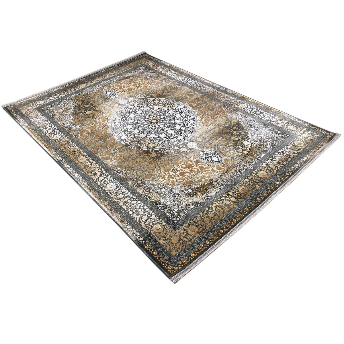 Rectangular rug with a central ornamental motif and dark outer border in gold/silver.