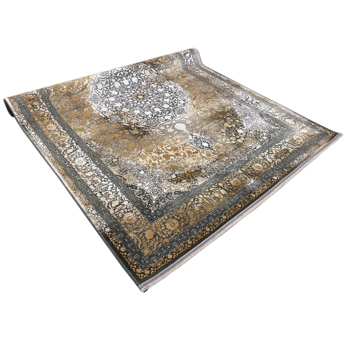 Smoke-gold rug 170x240 cm, flat-woven with decorative border, gold-gray-black patterned