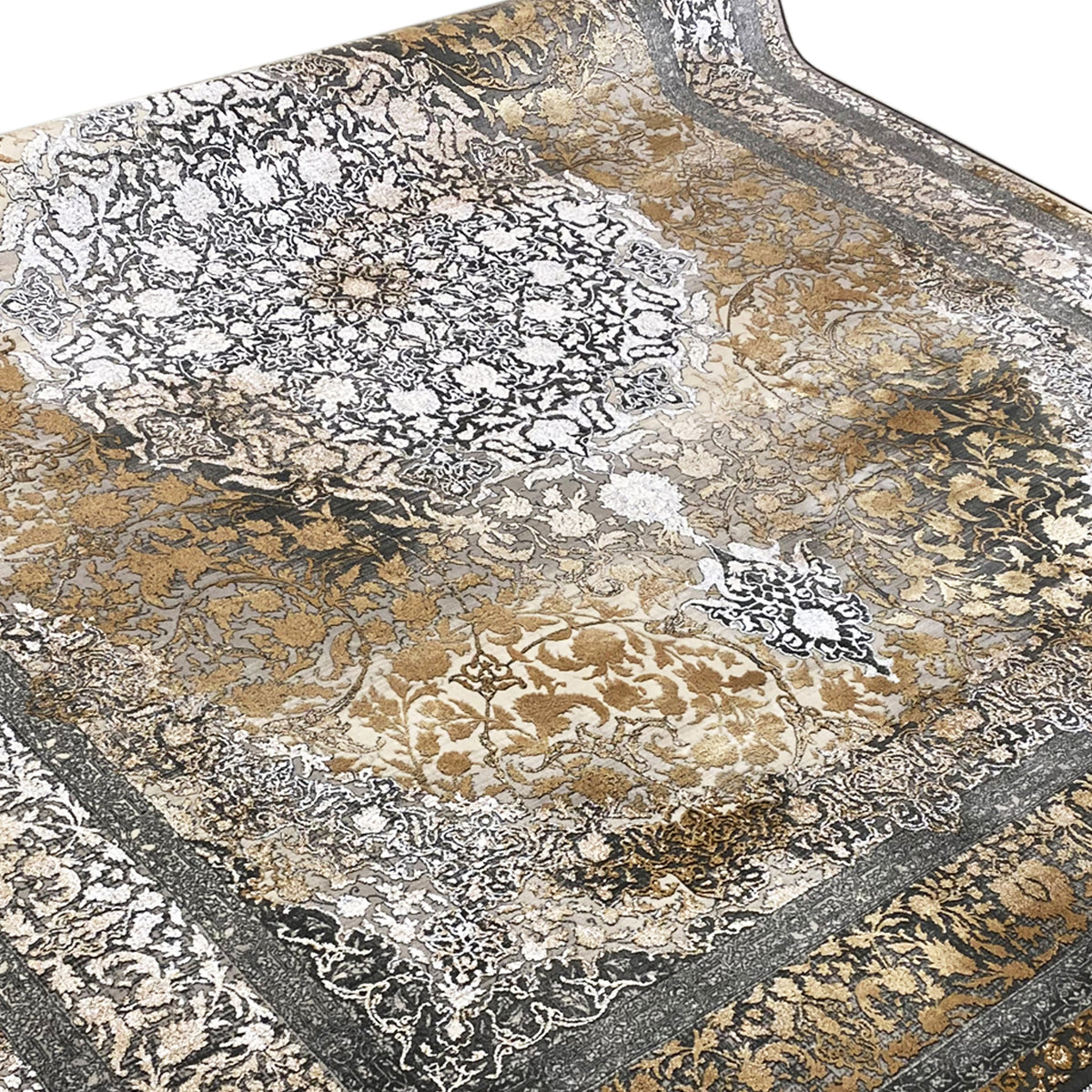 Rauchgold rug 170x240 cm, close-up of the pattern: ornaments, gold, gray, dark brown