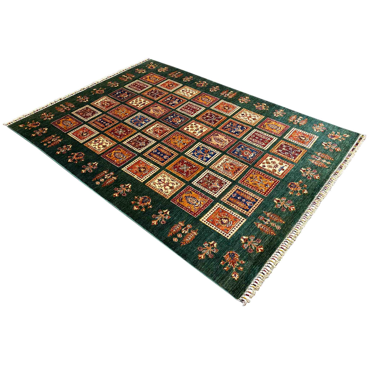 Khorjin rug with a green background, rectangular pattern of colorful squares, fringes