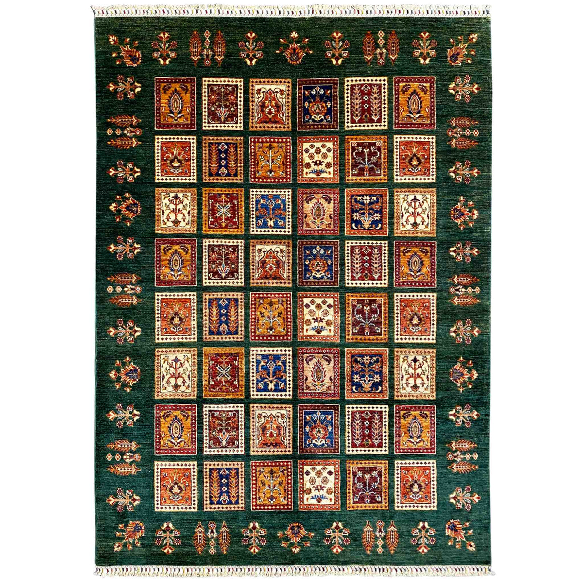Hand-knotted Khorjin rug with a green background and multicolored squares, decorative border on both sides
