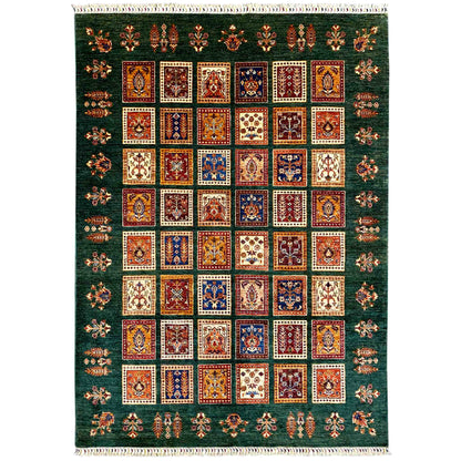 Hand-knotted Khorjin rug with a green background and multicolored squares, decorative border on both sides