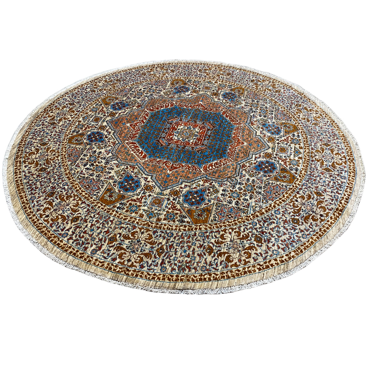 Round rug with a central medallion and blue lattice, beige border, round