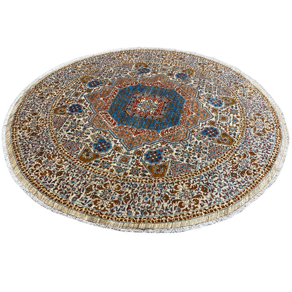 Round rug with a central medallion and blue lattice, beige border, round