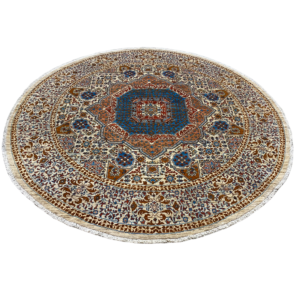 Round Mamluk rug with a detailed ornamental border and blue center, beige