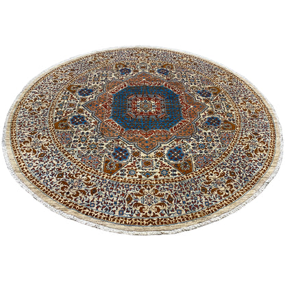 Round Mamluk rug with a detailed ornamental border and blue center, beige