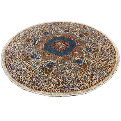 Round Mamluk rug, blue medallion in brown and beige, fine borders