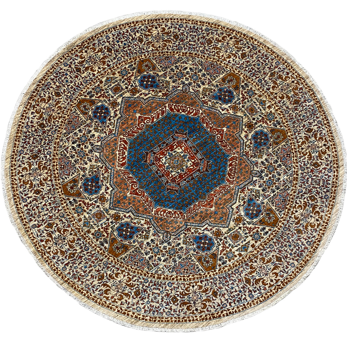 Round Mamluk rug, beige with a blue-brown ornamental pattern, round