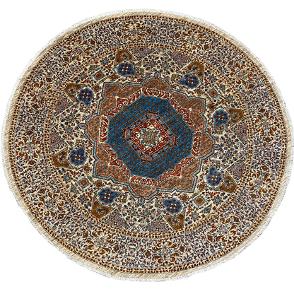 Round Mamluk rug, beige with a blue-brown ornamental pattern, round
