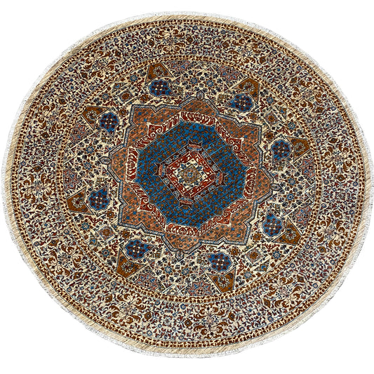 Round Mamluk rug, beige with a blue-brown ornamental pattern, round