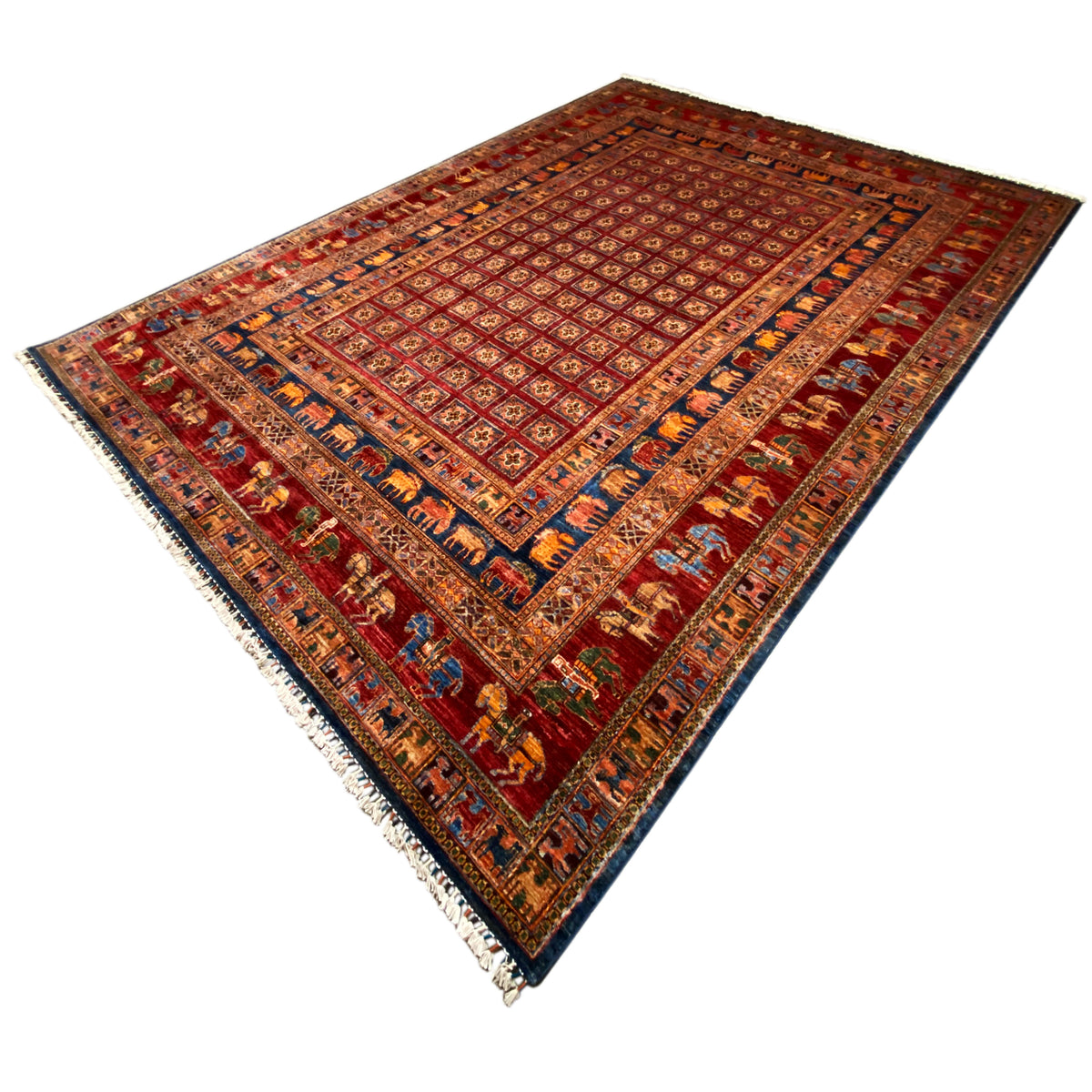 Reddish-brown rug with an ornamental grid, border, and short fringe along the edge