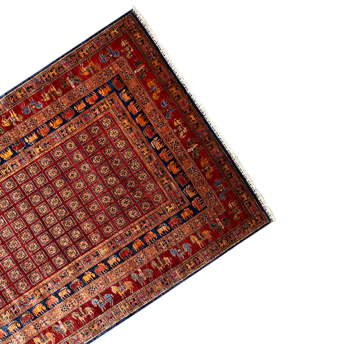 Reddish-brown Oriental rug viewed from above at an angle, central field and border frame