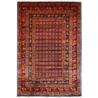 Reddish-brown Oriental rug with a fine medallion pattern and a wide border area