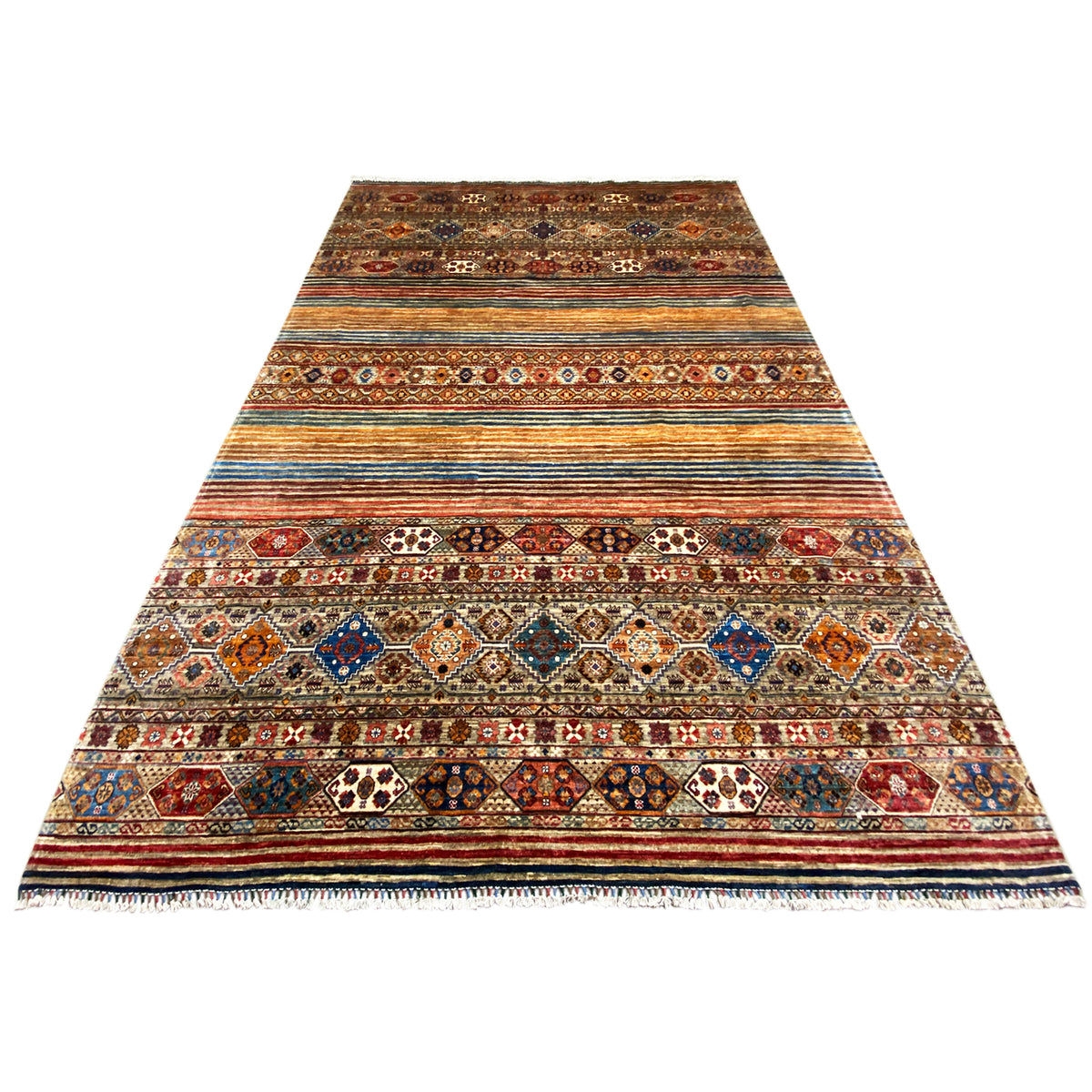Colorful Khorjin rug with geometric borders, multicolored stripes, and fringes.