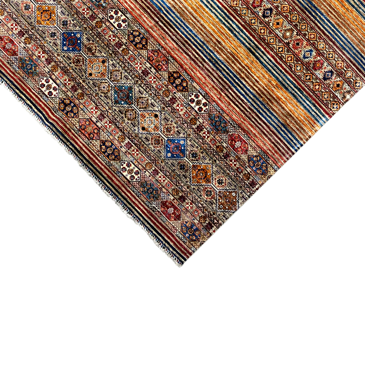 Corner of the Khorjin rug with fringes and a geometric border, striped in multiple colors.