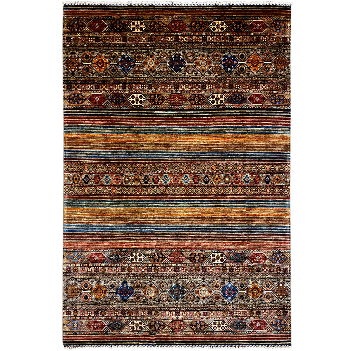 Colorful khorjin rug with a geometric pattern and multicolored stripes, rectangular.