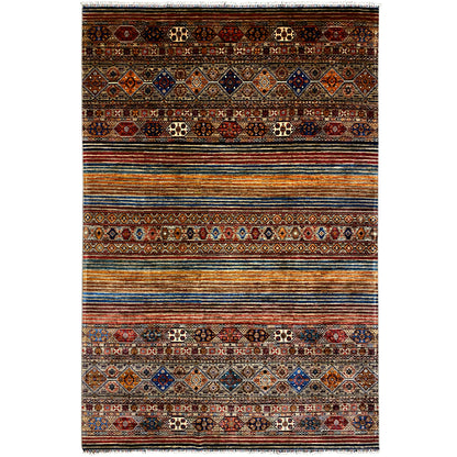 Colorful khorjin rug with a geometric pattern and multicolored stripes, rectangular.
