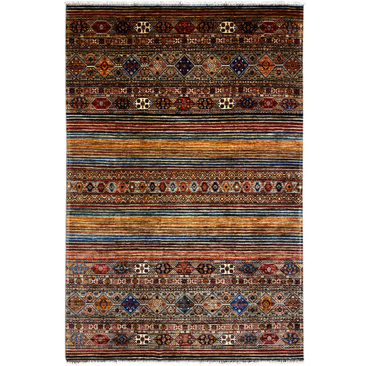 Colorful khorjin rug with a geometric pattern and multicolored stripes, rectangular.