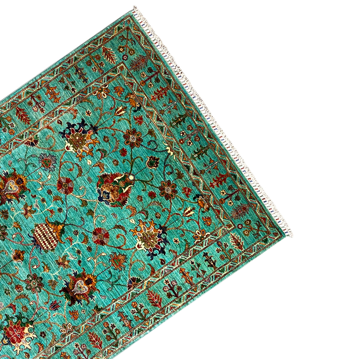 Turquoise Khorjin rug, side view: border, vines, and central floral medallions