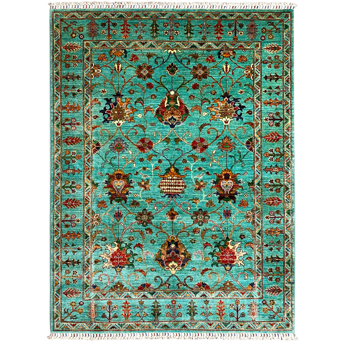 Turquoise Khorjin rug with an intricate floral pattern and border, rectangular, turquoise