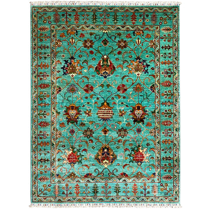 Turquoise Khorjin rug with an intricate floral pattern and border, rectangular, turquoise