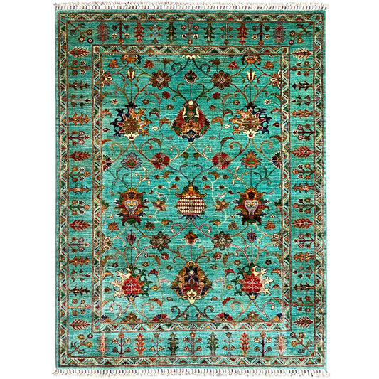 Turquoise Khorjin rug with an intricate floral pattern and border, rectangular, turquoise