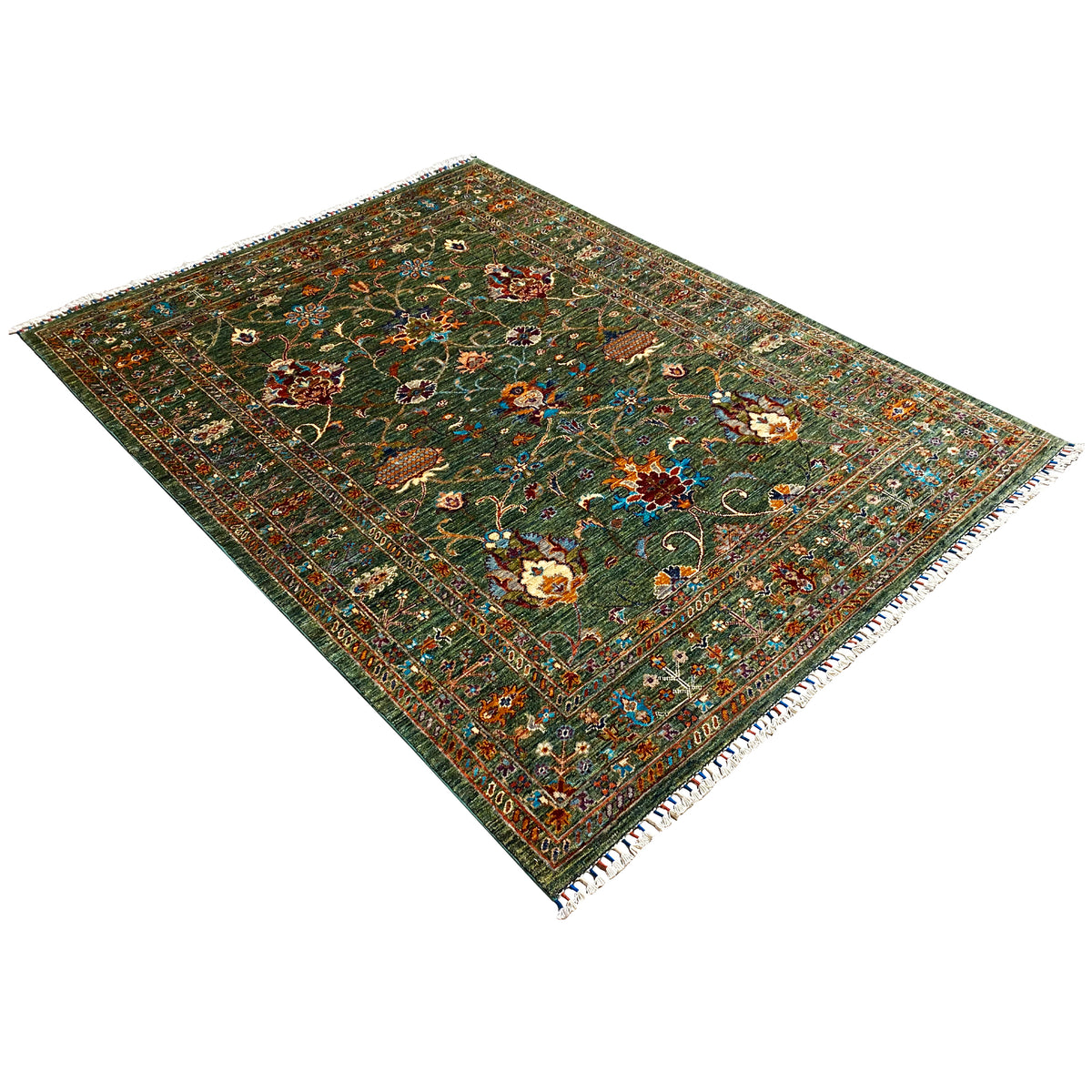 Dark green Khorjin rug with corner patterns and multicolored floral ornaments