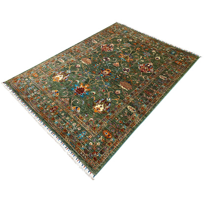 Dark green Khorjin rug with decorative accent lines and colorful medallions